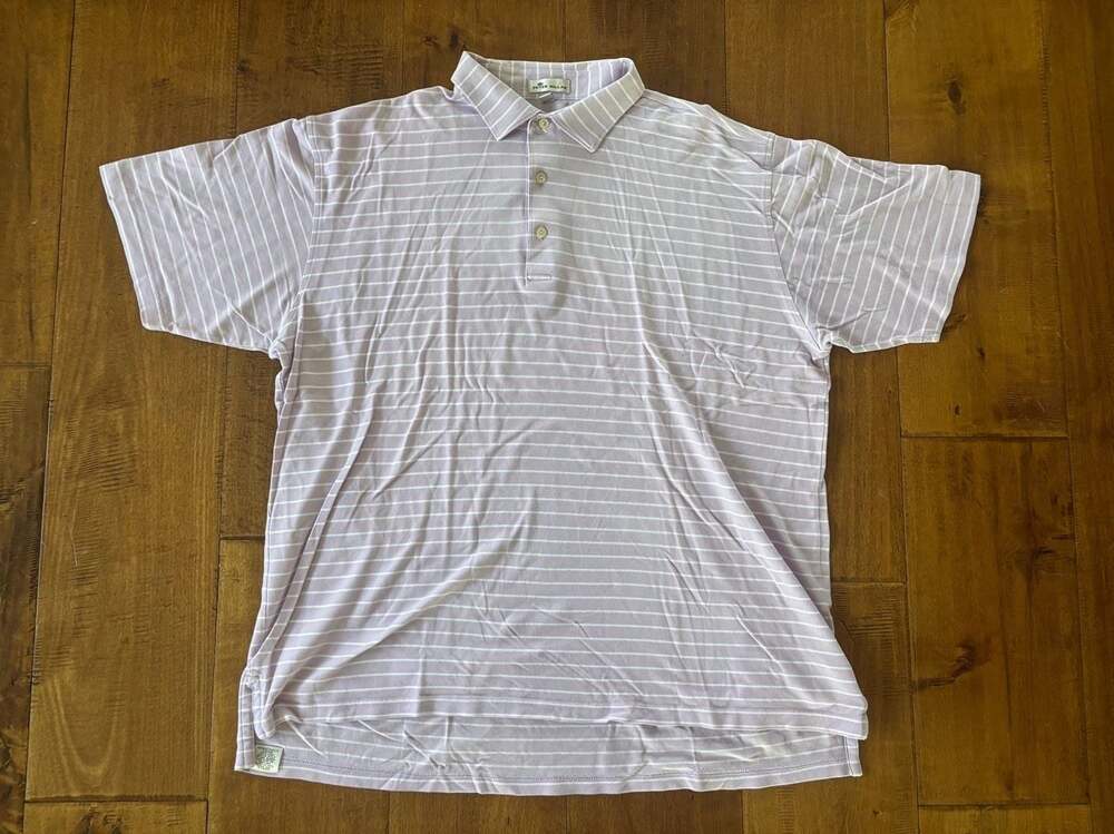 Peter Millar Men's Lavender and White Striped Short Sleeve Polo